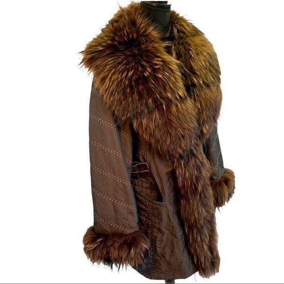 EVOLUZIONE by Rosa Mori brown winter puffer coat with Racoon trim collar/cuffs M - Picture 2 of 14